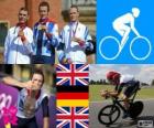 Ανδρικά οδικών χρόνο δοκιμαστική ποδηλασία πόντιουμ, Bradley Wiggins (Ηνωμένο Βασίλειο), Tony Martin (Γερμανία) και Christopher Froome (Ηνωμένο Βασίλειο) - London 2012-
